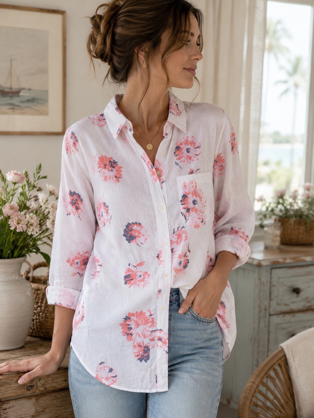 Gap Boyfriend Fit Floral Button Front Shirt White Pink 100% Cotton Women’s M